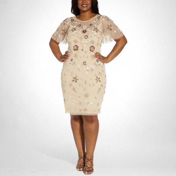 ADRIANNA PAPELL Alabaster Beaded Flutter Sleeve Dress, NWT! Size 18W - Picture 1 of 6